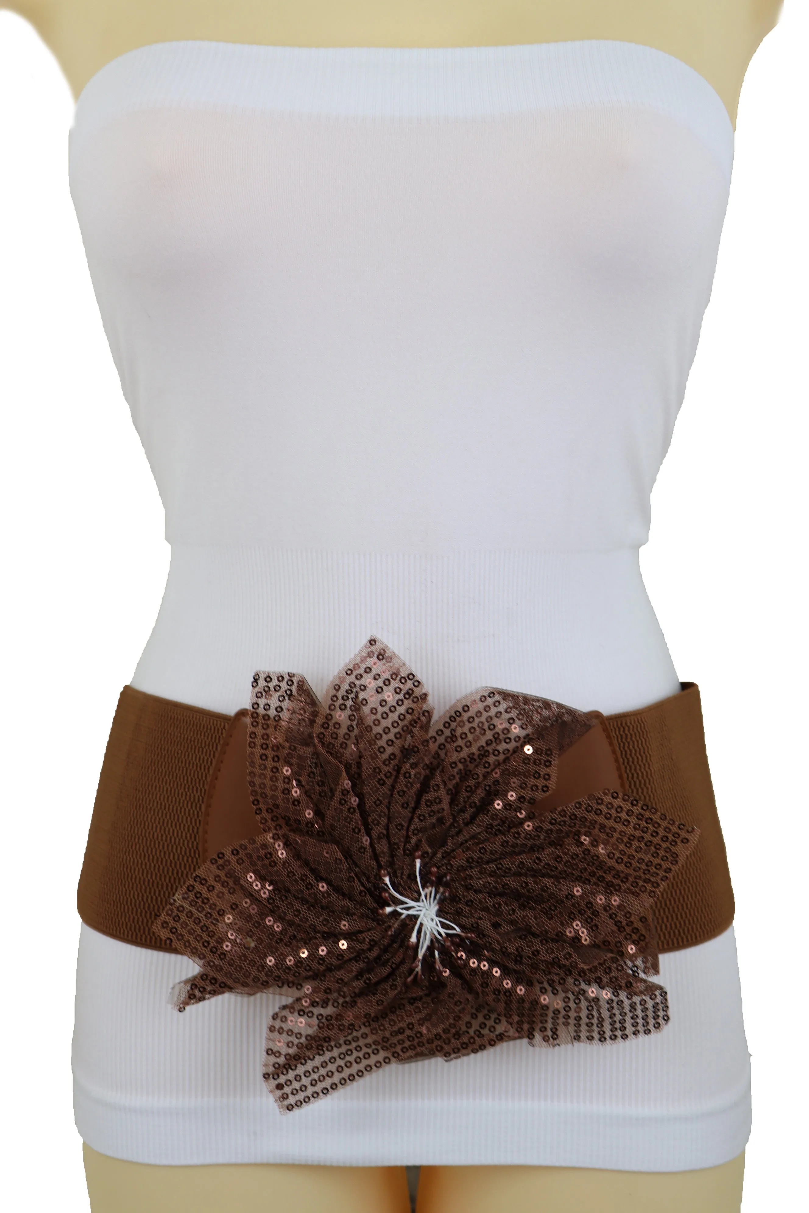 Wide Corset Belt Stretch Brown Wide Flower Lace Fabric Hip High Waist Fit Size S M