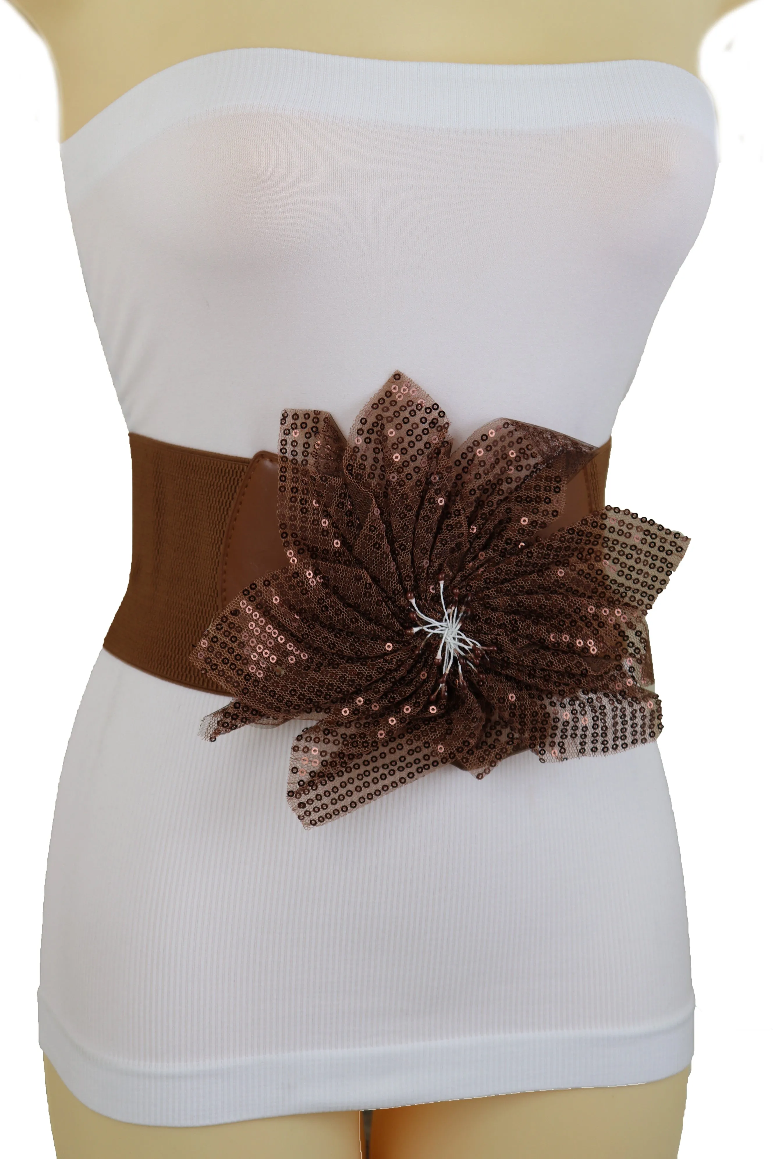 Wide Corset Belt Stretch Brown Wide Flower Lace Fabric Hip High Waist Fit Size S M