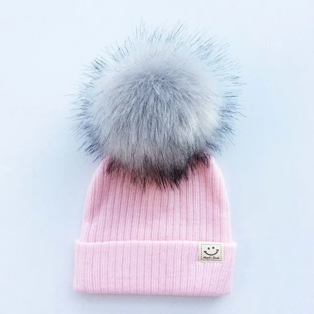 Winter Baby Boy Girl Artificial Pompom Knitted Hat