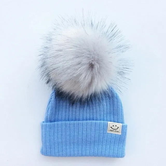 Winter Baby Boy Girl Artificial Pompom Knitted Hat