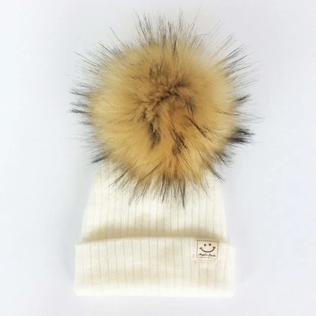 Winter Baby Boy Girl Artificial Pompom Knitted Hat