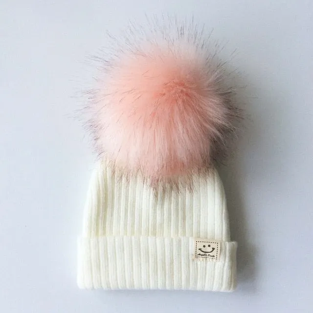 Winter Baby Boy Girl Artificial Pompom Knitted Hat