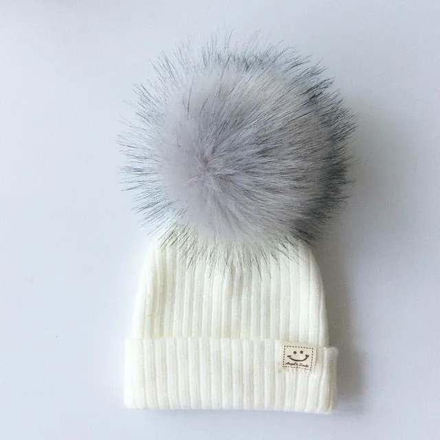 Winter Baby Boy Girl Artificial Pompom Knitted Hat