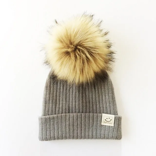 Winter Baby Boy Girl Artificial Pompom Knitted Hat