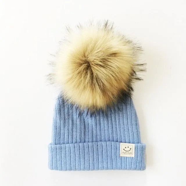 Winter Baby Boy Girl Artificial Pompom Knitted Hat