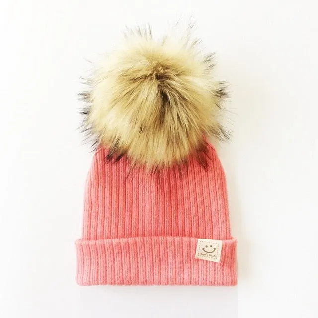 Winter Baby Boy Girl Artificial Pompom Knitted Hat