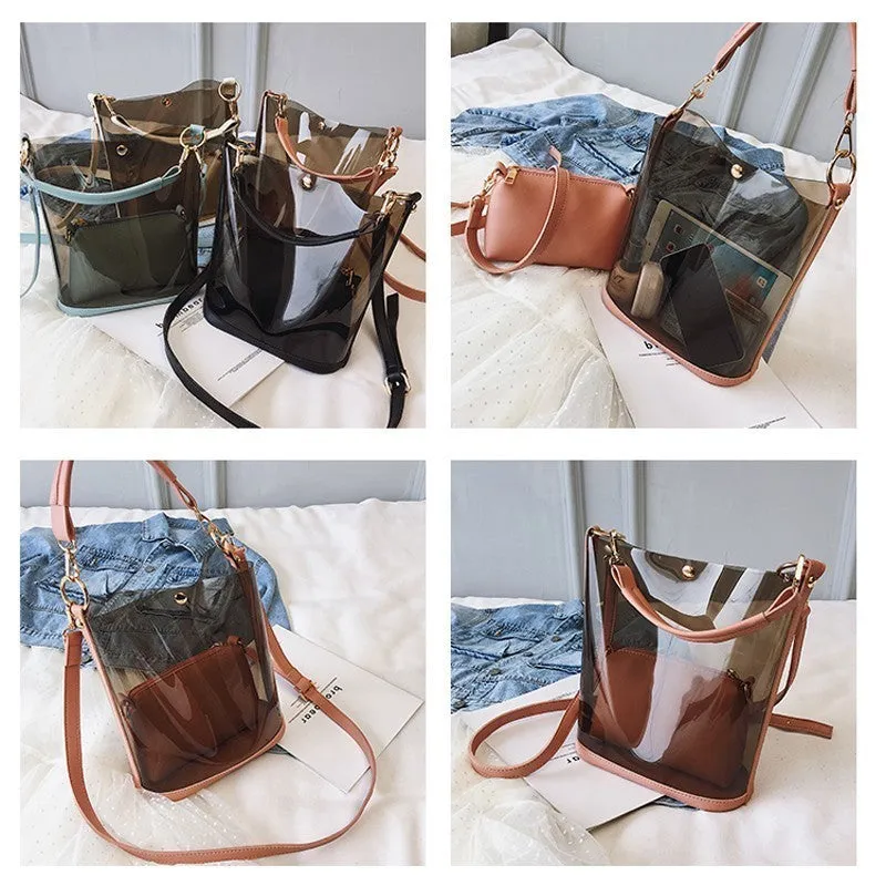 Women 2-in-1 Semi-Clear PU Jelly Handbags Shoulder Bag