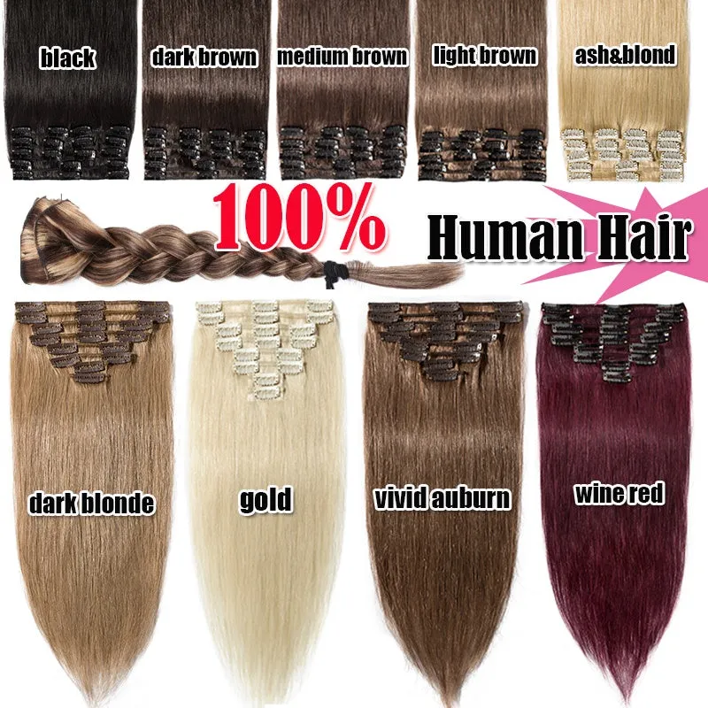 Women Easy Clip In Human Hair Extensions 8PCS Thick Real Hair Cabelo Humano Can Use 6 Months