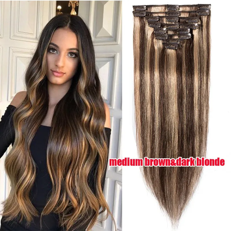 Women Easy Clip In Human Hair Extensions 8PCS Thick Real Hair Cabelo Humano Can Use 6 Months
