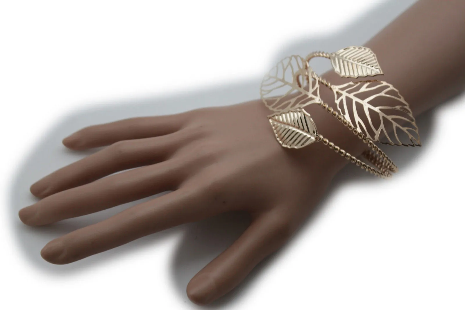 Women Wide Cuff Bangle Gold Metal Bracelet Leaf Tree Strands