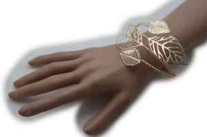 Women Wide Cuff Bangle Gold Metal Bracelet Leaf Tree Strands