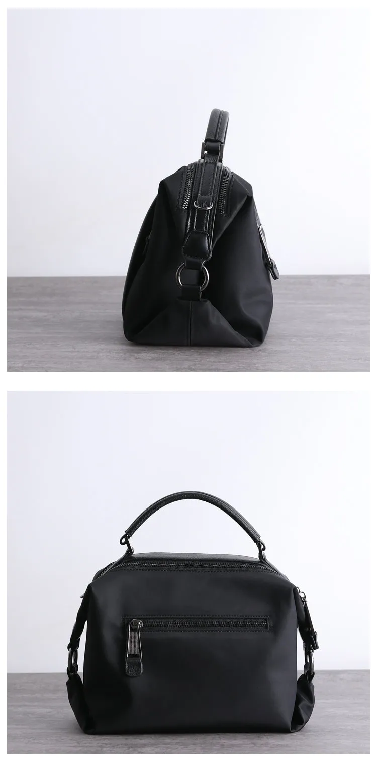 Womens Nylon Leather Boston Handbags Womens Black Nylon Shoulder Purse for Ladies