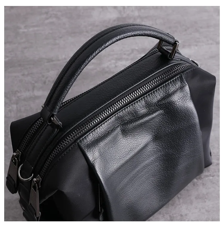 Womens Nylon Leather Boston Handbags Womens Black Nylon Shoulder Purse for Ladies