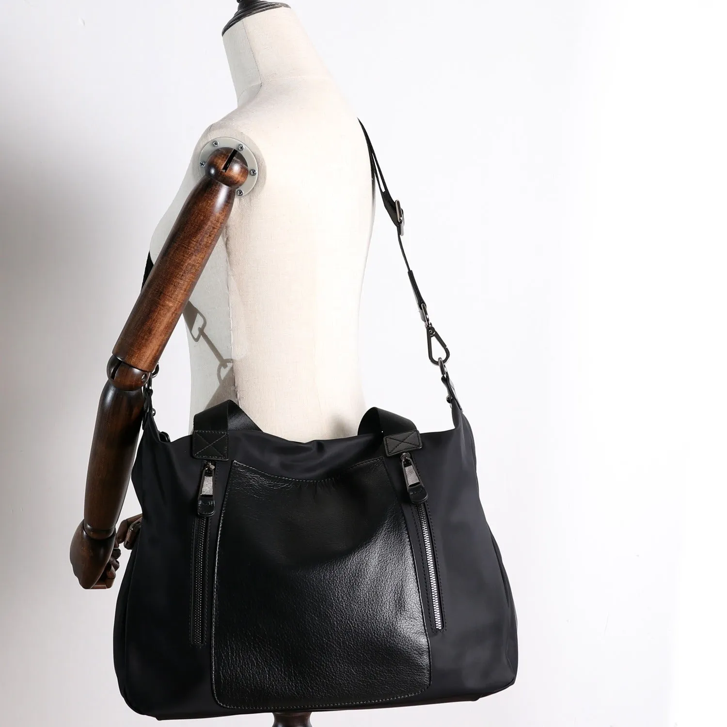 Womens Nylon Leather Work Handbags Mens Black Nylon 14'' Laptop Shoulder Purse for Ladies