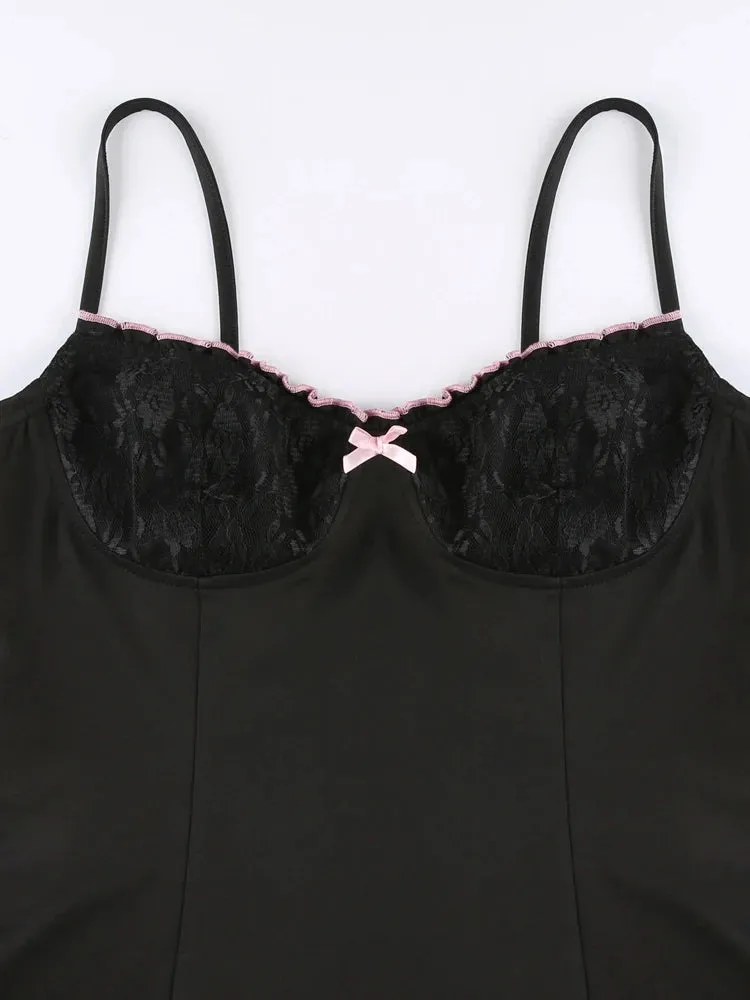 Y2K Retro Lace Patchwork Mini Dress Strap Bow Black & Pink Colors Club Party Sexy Dress