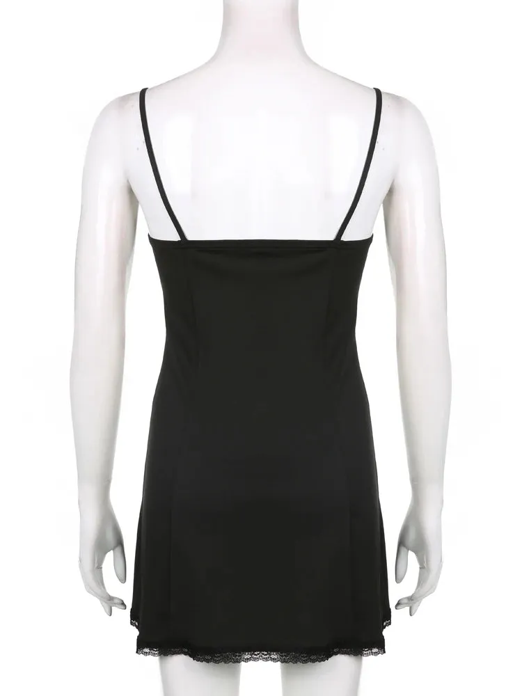 Y2K Retro Lace Patchwork Mini Dress Strap Bow Black & Pink Colors Club Party Sexy Dress